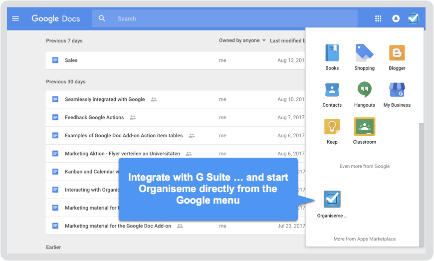 Integration in Google App menu