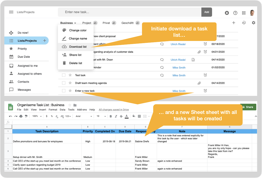 Download task lists to Google Sheet